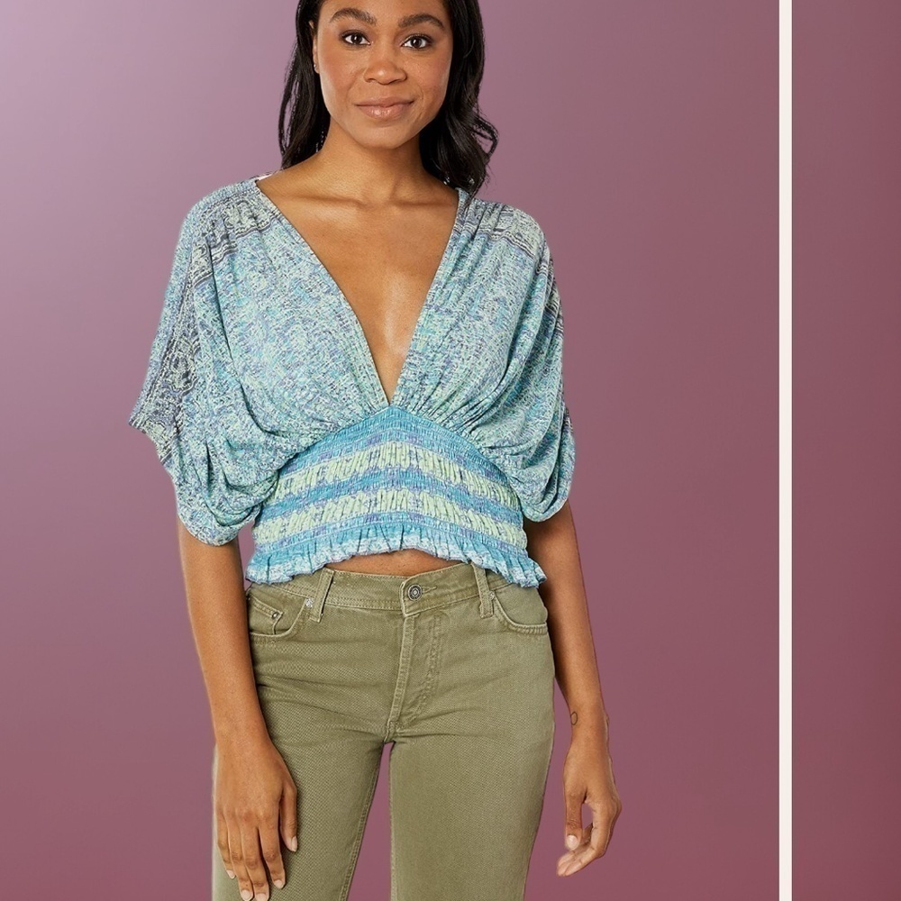 FREE PEOPLE Next Vacation Deep V-Neck Open Back Smocked Waist Top NWT/MD - Picture 6 of 14